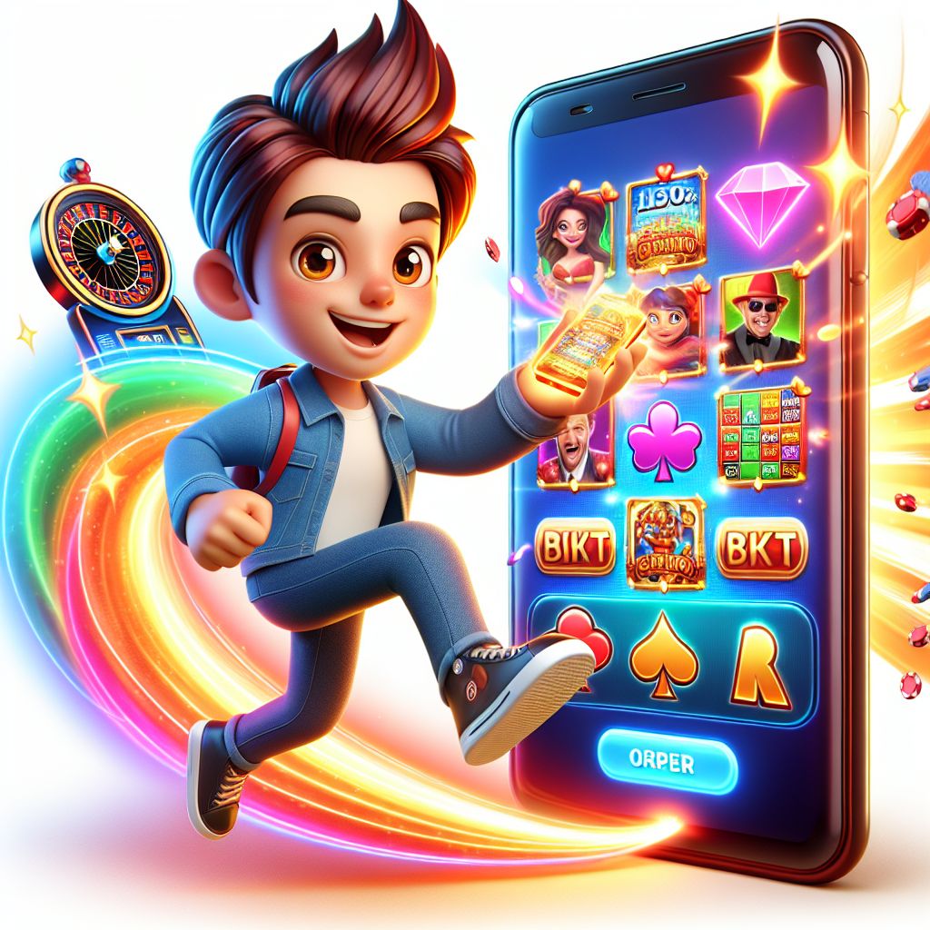 Cartoon character using a smartphone to play BD11 casino games