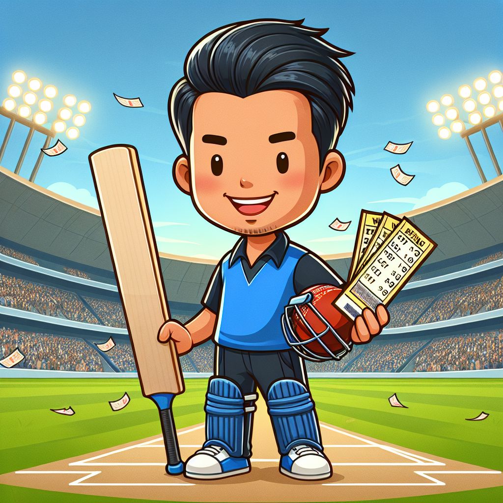 BD11 sports betting cartoon character holding a cricket bat and winning tickets