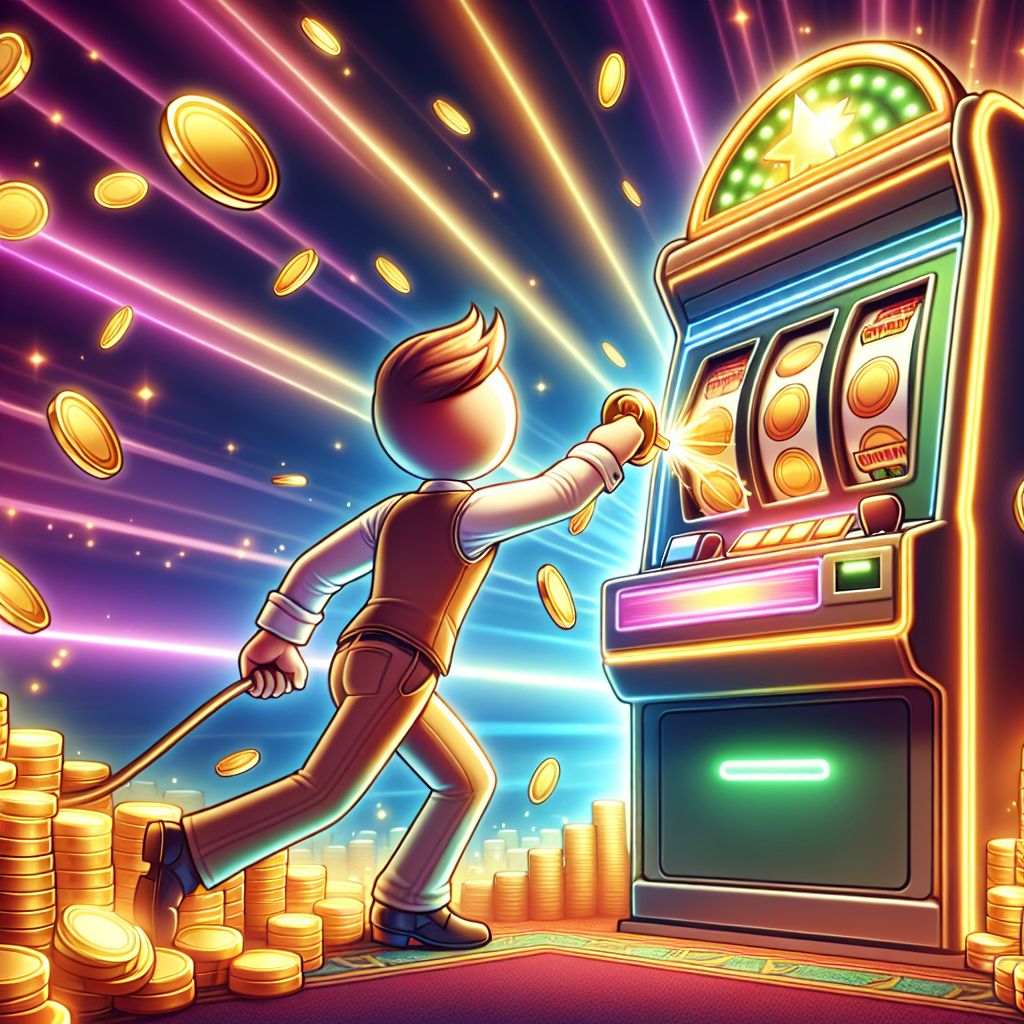 BD11 themed cartoon character spinning a glowing slot machine with gold coins